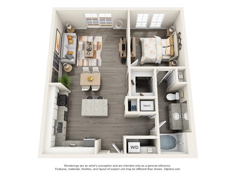 Floor plan for 1 bed, 1 bath, 844 sqft